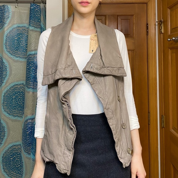 All Saints Kadian Gilet Leather Vest in Taupe - Picture 2 of 14